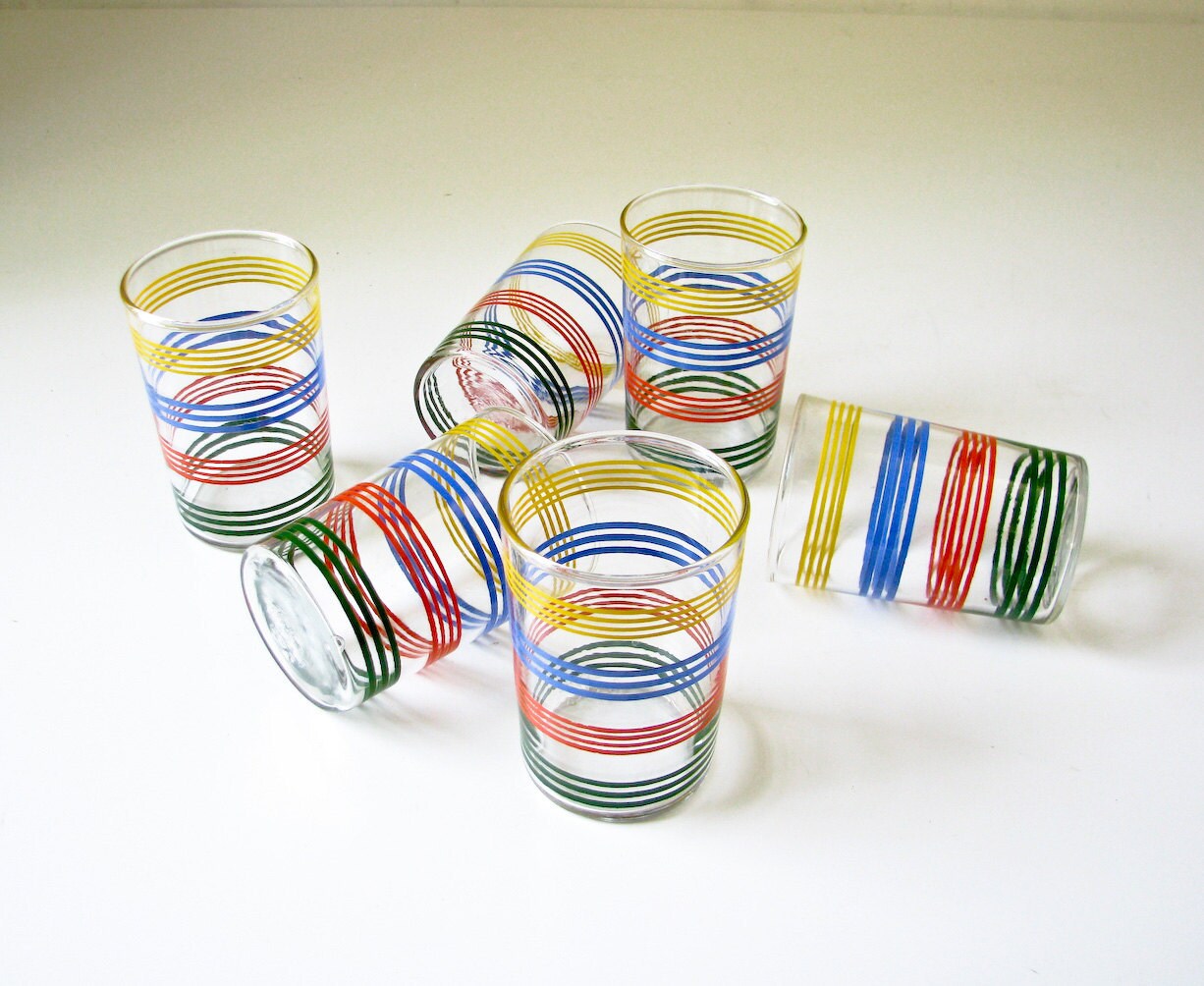 6 Vintage Juice Glasses - Colorful Stripes