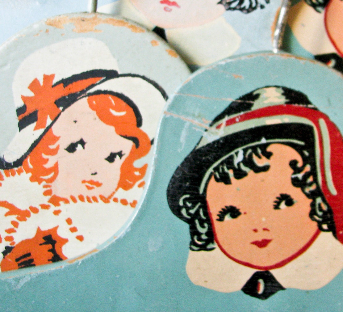 4 Vintage Child Hangers - Shades of Blue-Green - Children Faces