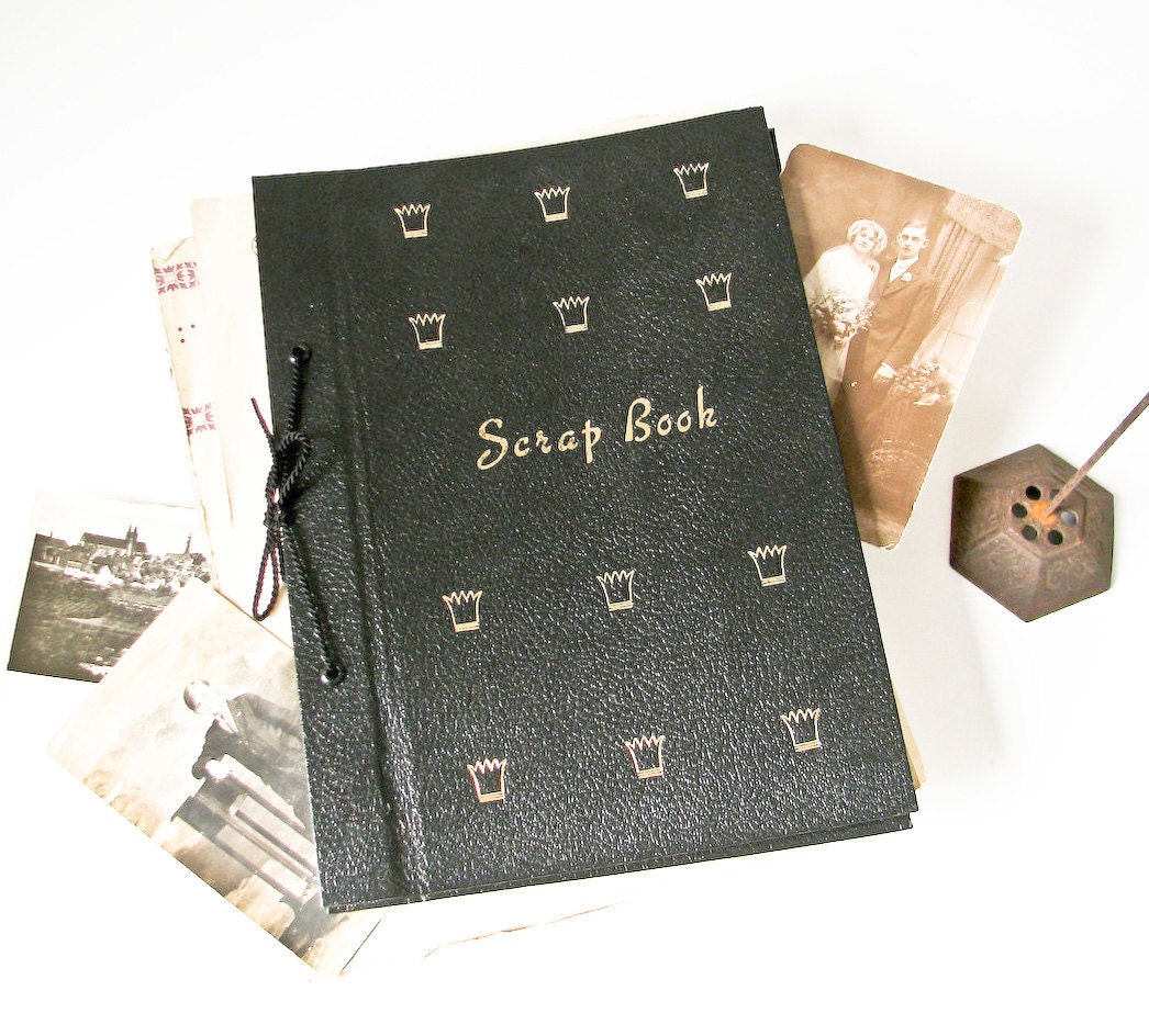 Vintage Black Scapbook with Gold Lettering and Gold Crowns