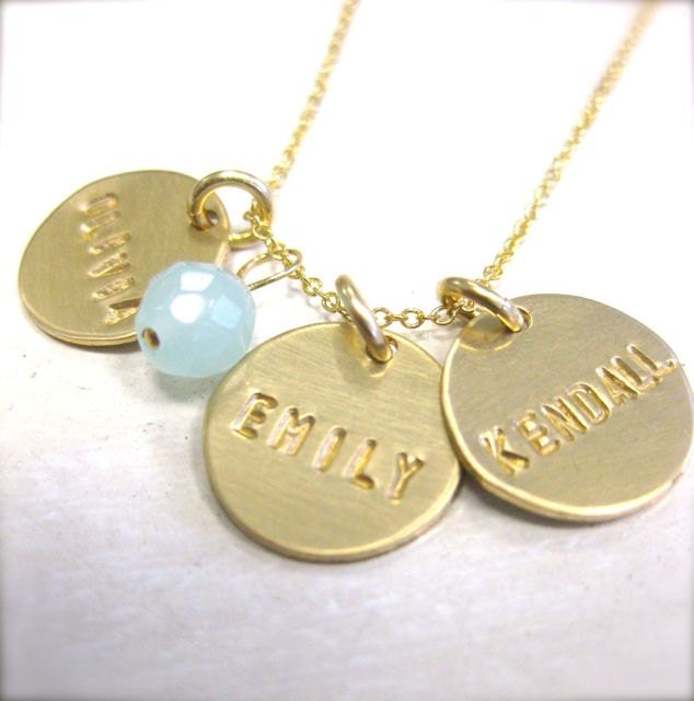 Three Gold Discs Personalized with an Aqua Chalcedony Bead