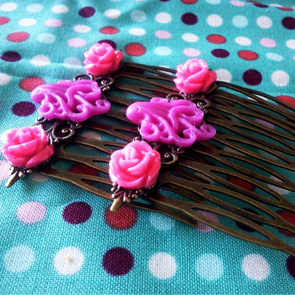 Hot PInk Octopus Neon Hair Combs Nautical Rockabilly Regency Simple Chic Boat Trendy Bronze Navy Sailor Not Steampunk Whimsicle
