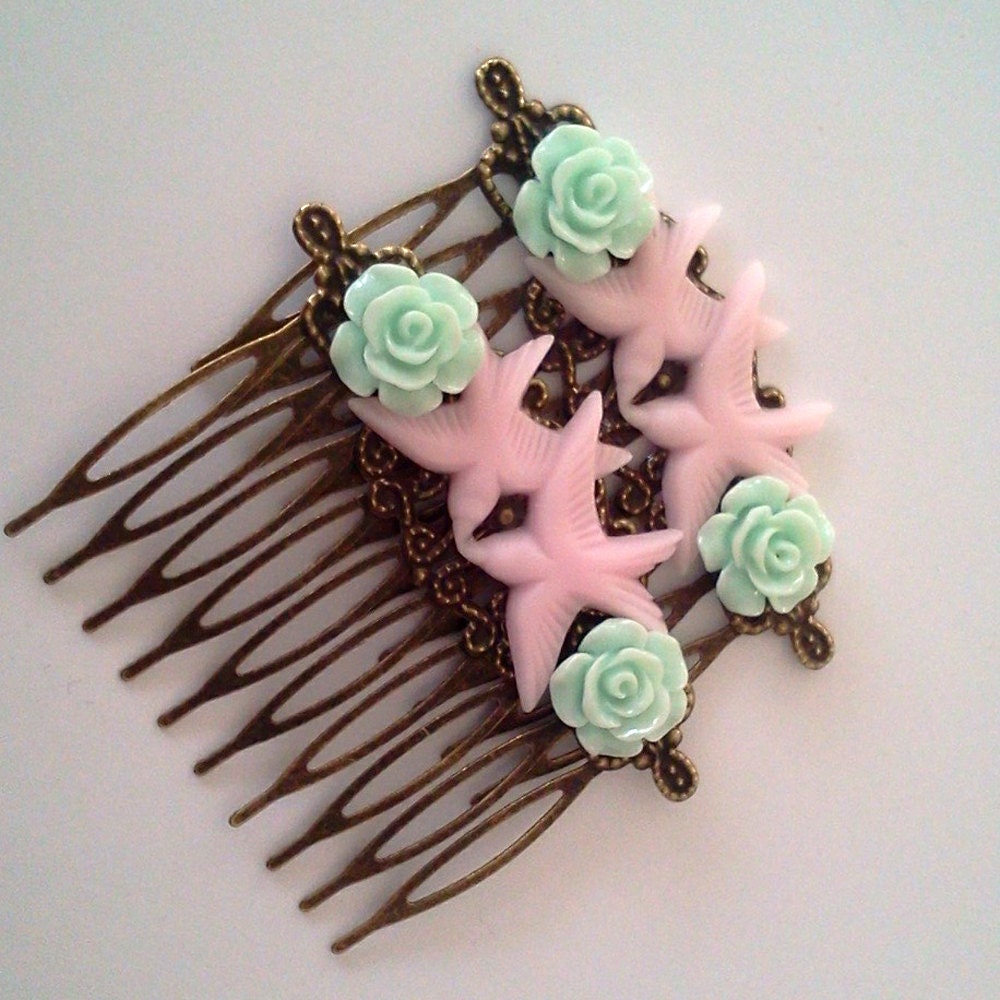 Mint Green Pink Swallow Hair Combs Birds Rockabilly Regency Shabby Chic Sparrows Trendy Cottage Not Steampunk Whimsicle