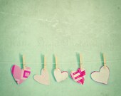 Paper Hearts on the Line - 16x16 Fine Art Photography Print - Pink and Mint Valentine's Nursery, Little Girl's Room and Home Decor Photo