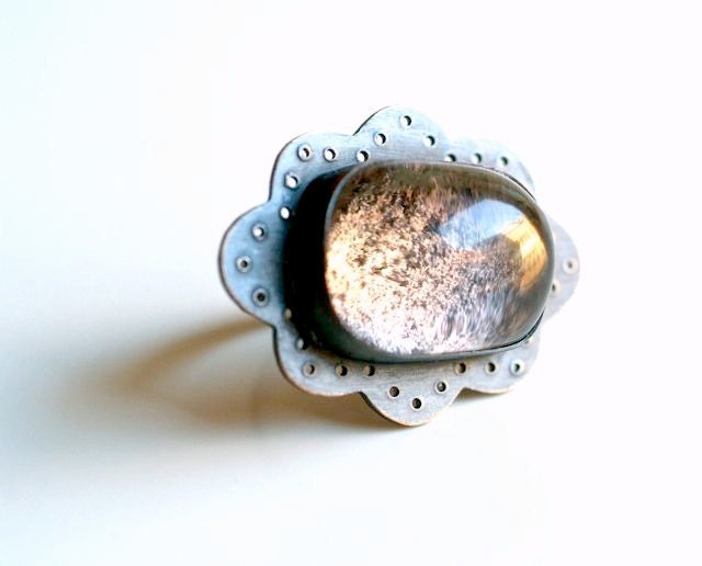 Sterling Silver Eyelet Lace and Quartz Stone Ring, Gemstone Ring, Wearable Art Jewelry,