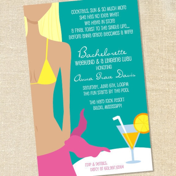 20 Bridal Shower Lingerie Bachelorette Beach Pool Party Invitations ...