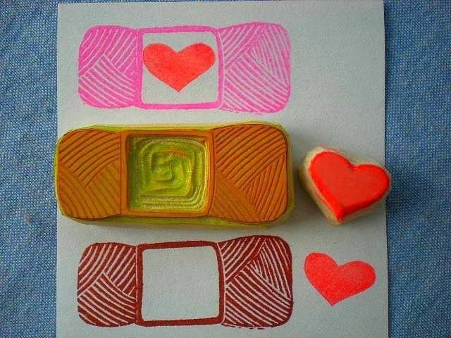 ball of yarn stamp with heart, hand carved rubber stamps, handmade rubber stamp set