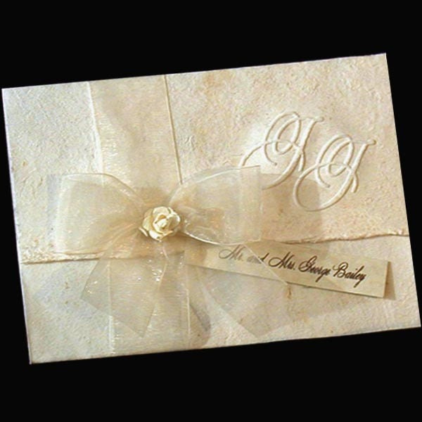 50 Hand made paper and  organza bow wedding invitations
