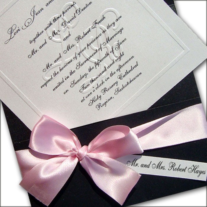 50 Customized Blind Embossed Monogram and Organza Bow Wedding Invitations. Fully Addressed, Black and Pink.