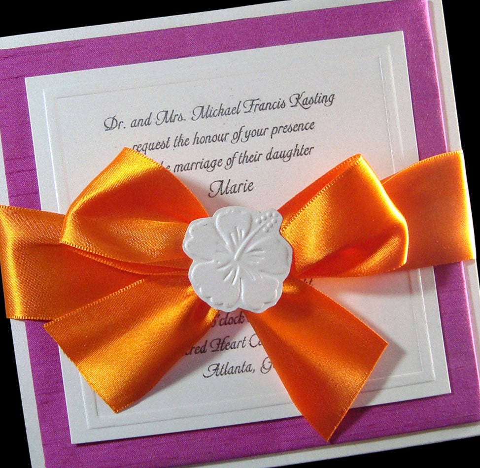 Wedding Invitation  -  Embosed Invitations - Boxed Invite -  Destination Wedding - Beach Wedding - Hibiscus Invitations - Set of 100