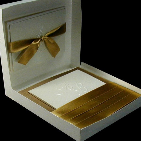 100 Boxed Couture Wedding Invitations, Antique Gold and Ivory. Your guests will love the ribbons printed with their names.