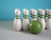 Green Bowling Set - Pins and Ball In a Striped Drawstring Bag