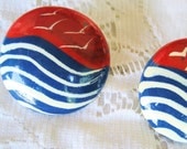 Vintage Handpainted Sea Scape  Earrings Pierced Plastic Posts Red Blue July 4th, Shipping Included