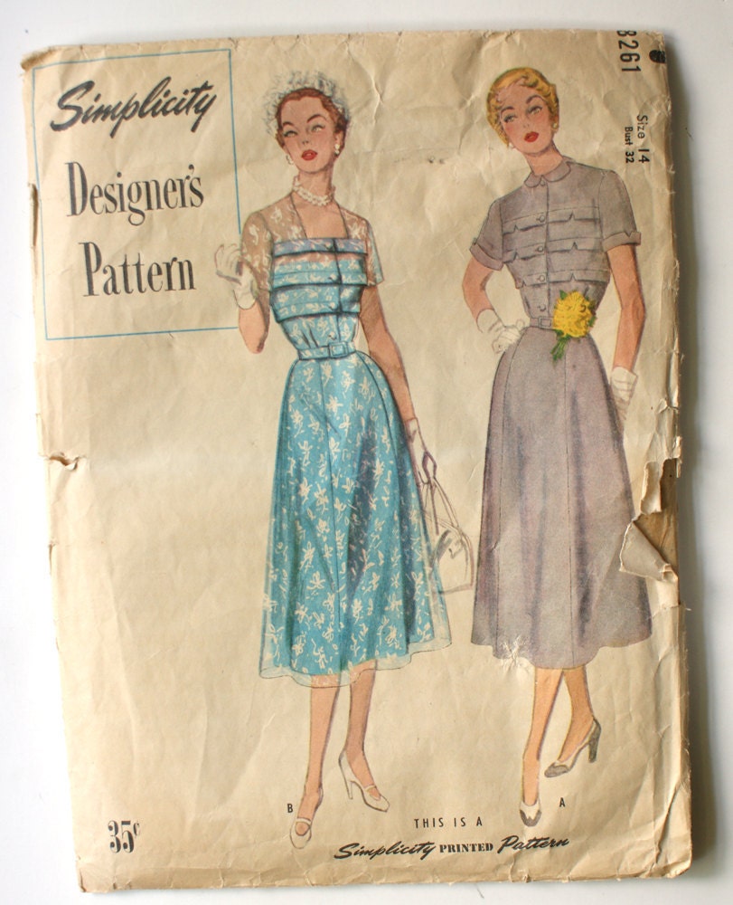 Simplicity 8261 Misses 1950s Dress Pattern with Notched Tucks Bust 32 Gored Skirt Square Neckline Designer's Vintage Sewing Pattern