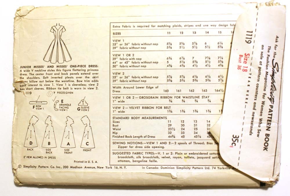 Vintage 1950s Full Dress Pattern Bust 36 Simplicity 1119