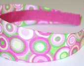 Fabric Covered Headband - Tutti Fruiti Lime and Pink Circles, Wide Headband for Women or Girls