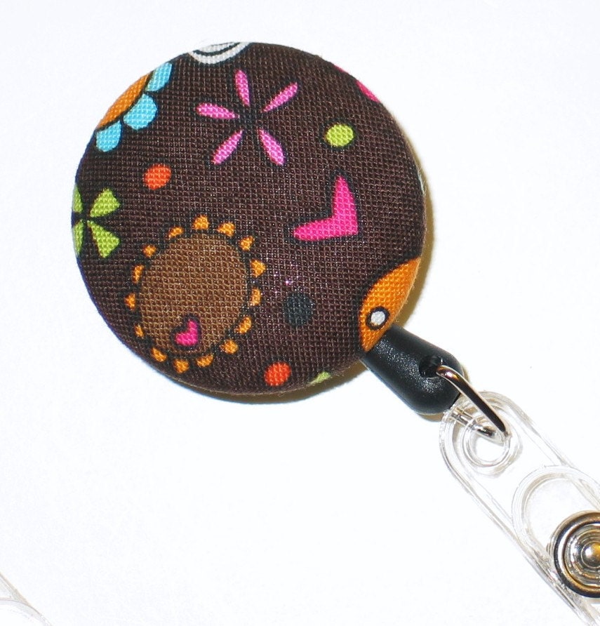 SALE - Fabric Covered Retractable Badge Reel or ID Holder - Cute Brown Floral Print