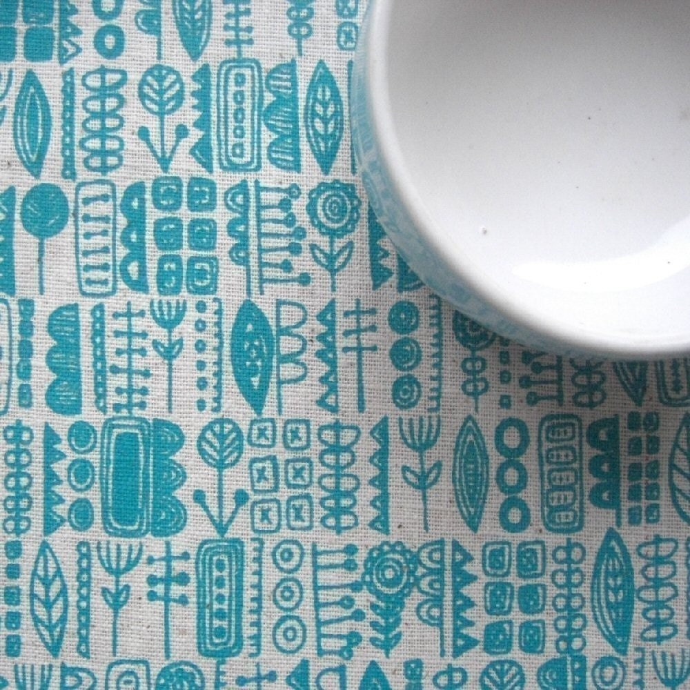 totem - hand screenprinted fabric in seafoam turquoise on oatmeal