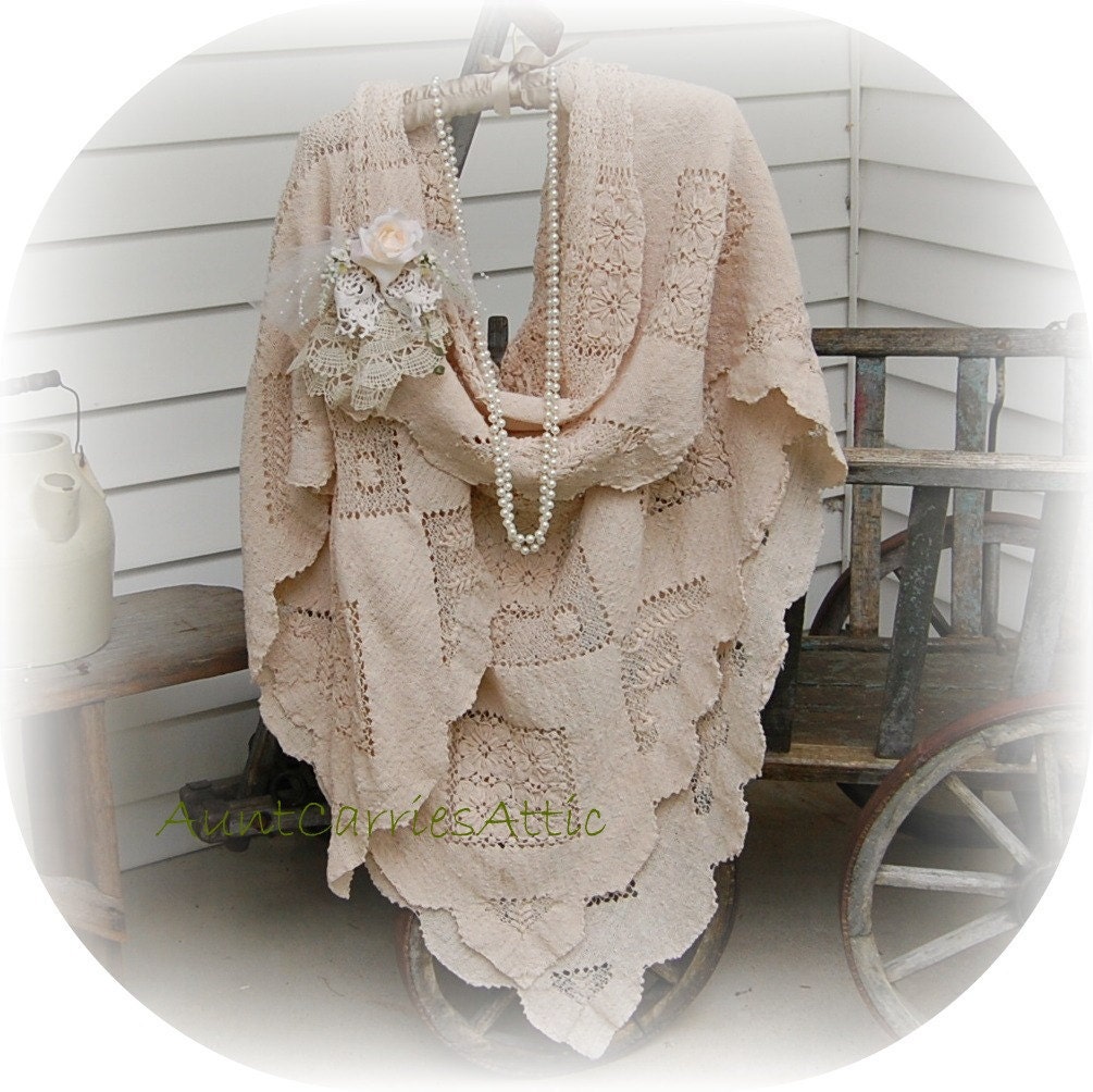 Lace Shawl made from Vintage Boho Beach Wedding Long Romantic Edwardian