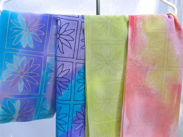 Aquamarine & Lilac Hand Painted Silk Daisy Crepe Scarf - Ready to Ship