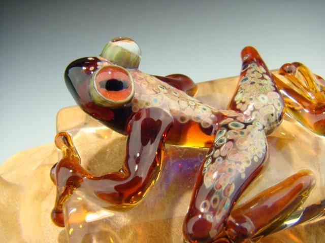 Dichroic Glass Art FROG Paperweight Figurine Tile Amber with metallic overlay (made to order)