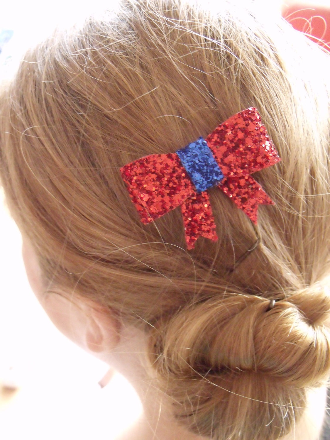 glitter bow hair clip - red & blue