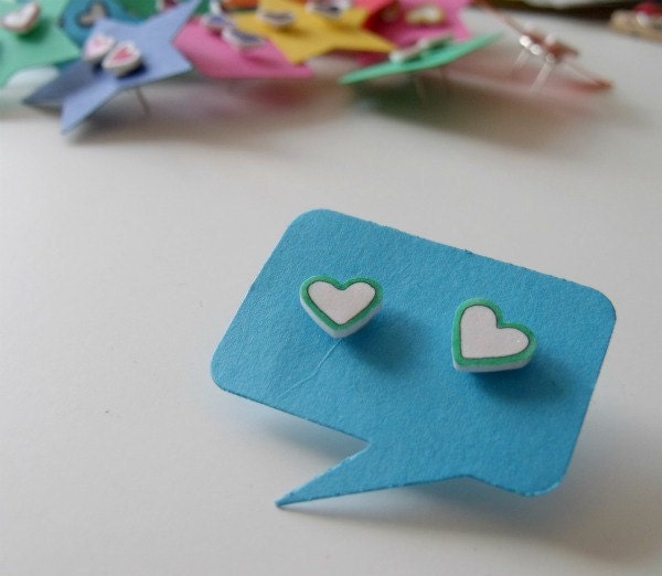 tiny hand-drawn heart stud/post earrings - mint green outline