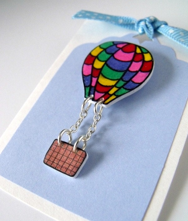 rainbow hot air balloon brooch with dangly basket