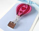 pink with red hearts hot air balloon brooch with dangly basket