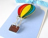 rainbow stripe hot air balloon brooch with dangly basket