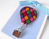 rainbow harlequin hot air balloon brooch with dangly basket