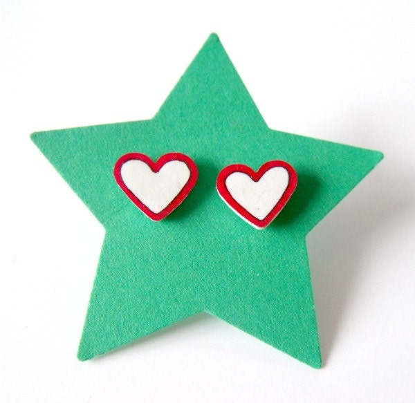 tiny crimson outline heart stud/post earrings