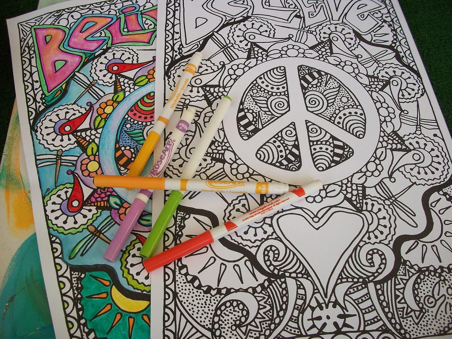 Hippie Coloring Pages, Believe in Peace and Love, Set of 2Posters, Singleton Hippie Art
