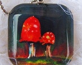 Toadstools at Nightfall, Glass Tile,  Art Pendant with Ball Chain Necklace. Created from an exclusive Shelley Roze image.