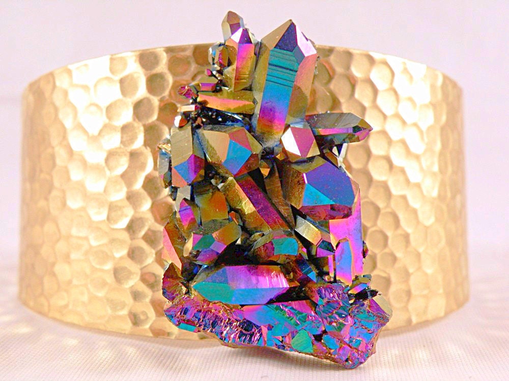 Titanium Aura Quartz and Hammered Brass Cuff