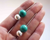 Silver Geometric earrings, Modern, minimalist design, Turquoise, Magnesite, small circle, long and delicate, super light, casual occasion.