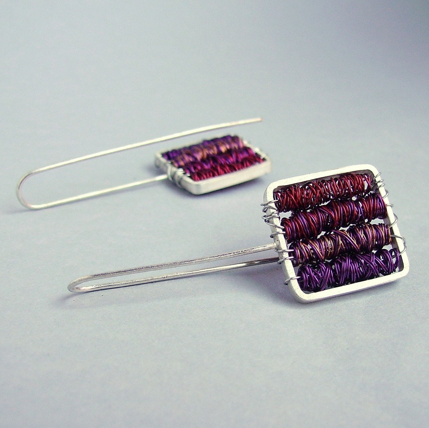 Earrings Purple in Sterling silver and copper, long and super lightweight earrings, "Tangle earrings"