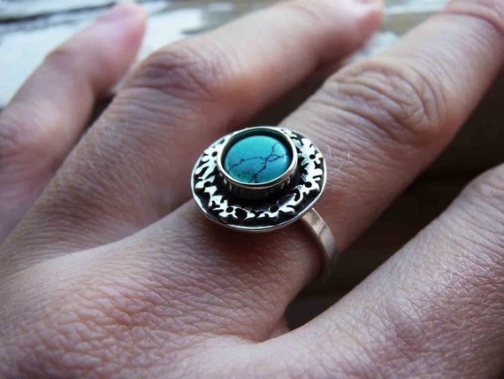 Sterling Silver Ring with Turquoise stone, black patina, polished,  Made to order in your size, To wear all day, delicate, medium size