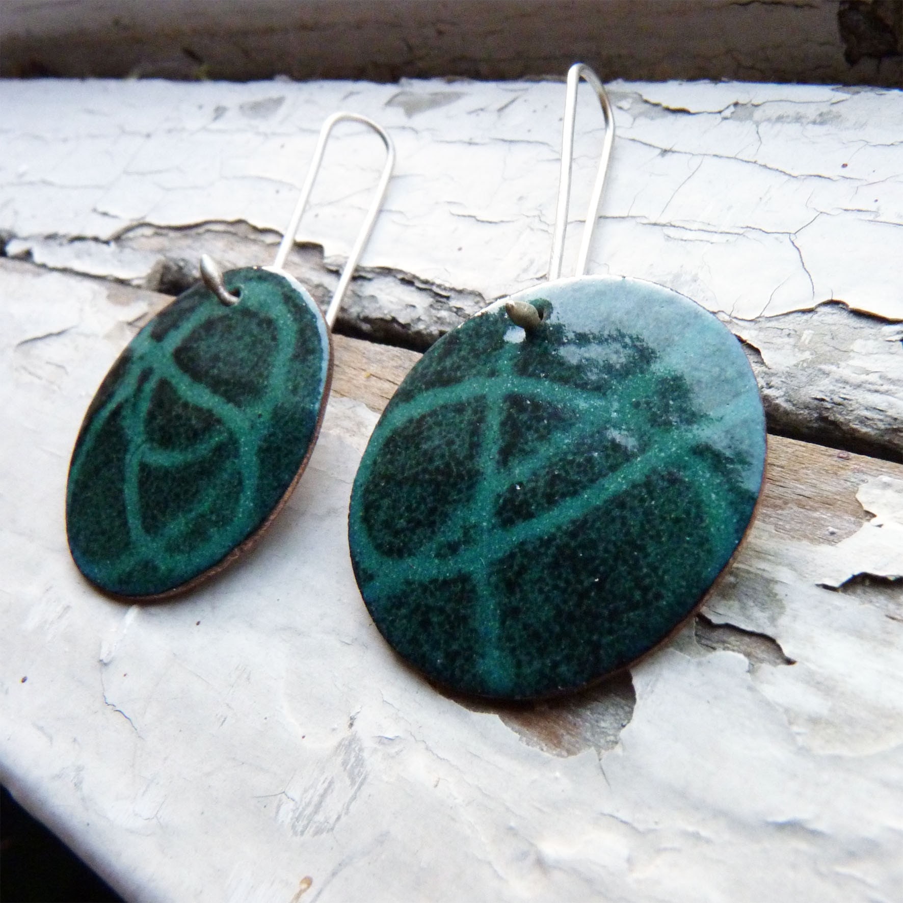 Stencil  earrings - Turquoise and black enamels- Sterling silver and copper