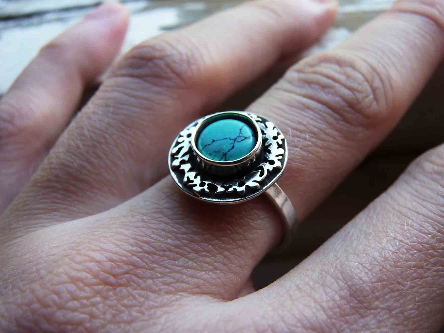 Sterling Silver Ring with Turquoise stone, black patina, polished,  Made to order in your size, To wear all day, delicate, medium size