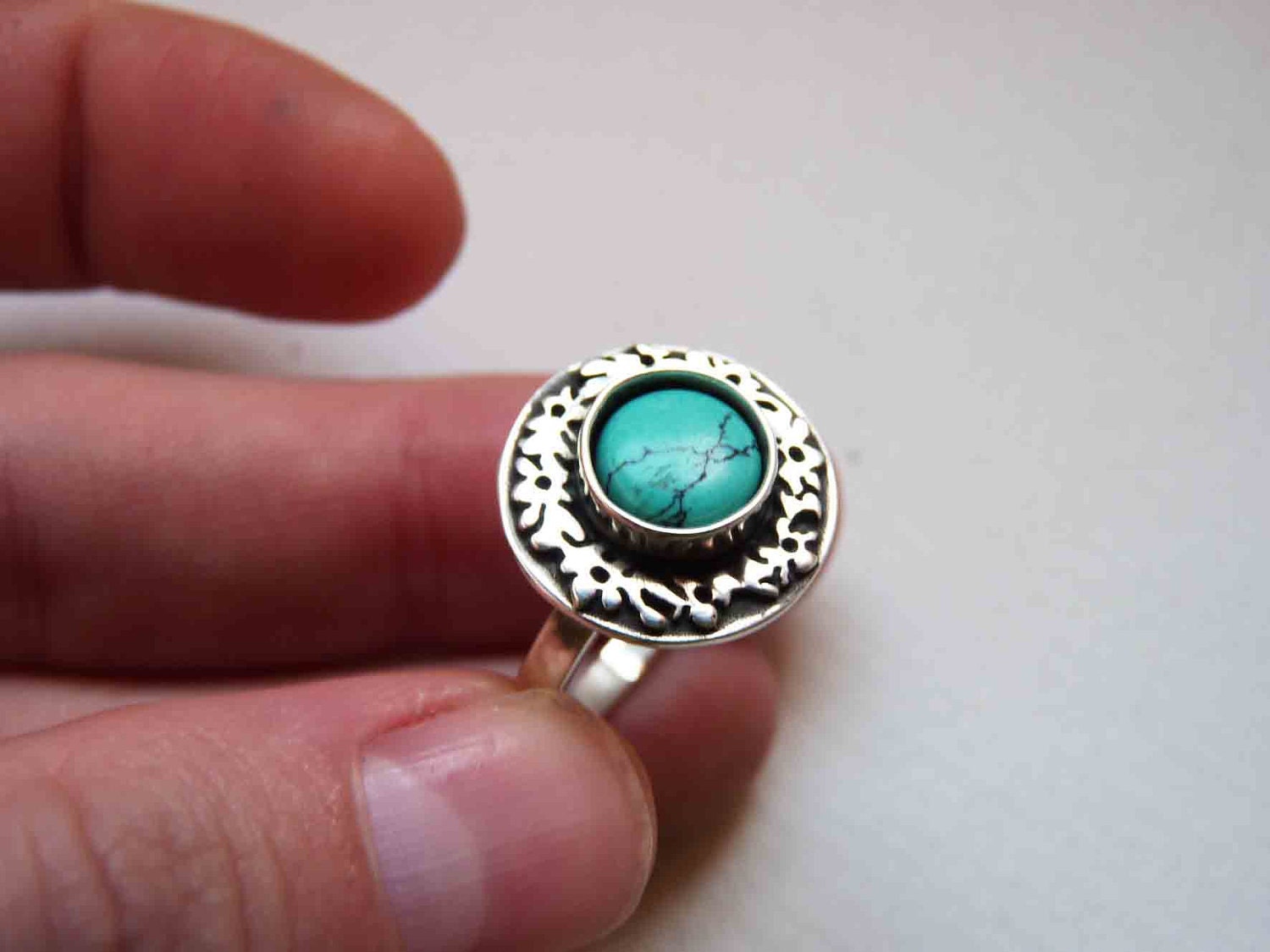 Sterling Silver Ring with Turquoise stone, black patina, polished,  Made to order in your size, To wear all day, delicate, medium size