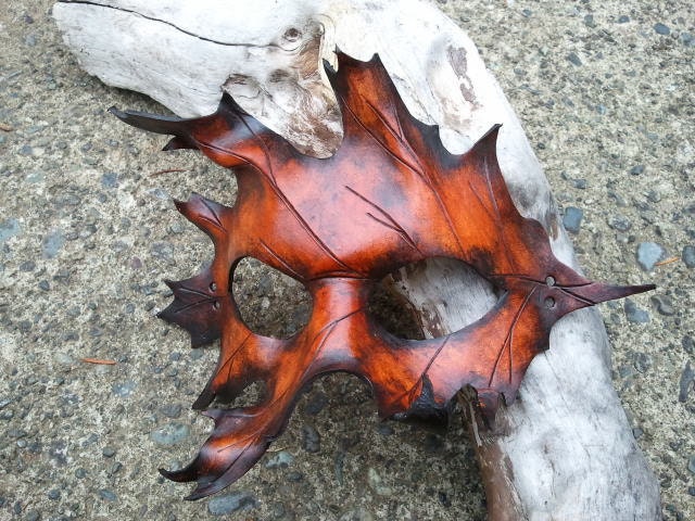 brown Leather oak Leaf Mask