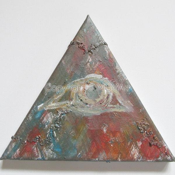 EYE  no.3. original acrylic painting 8x8x8 on stretched triangle canvas . contemporary modern surreal visionary art