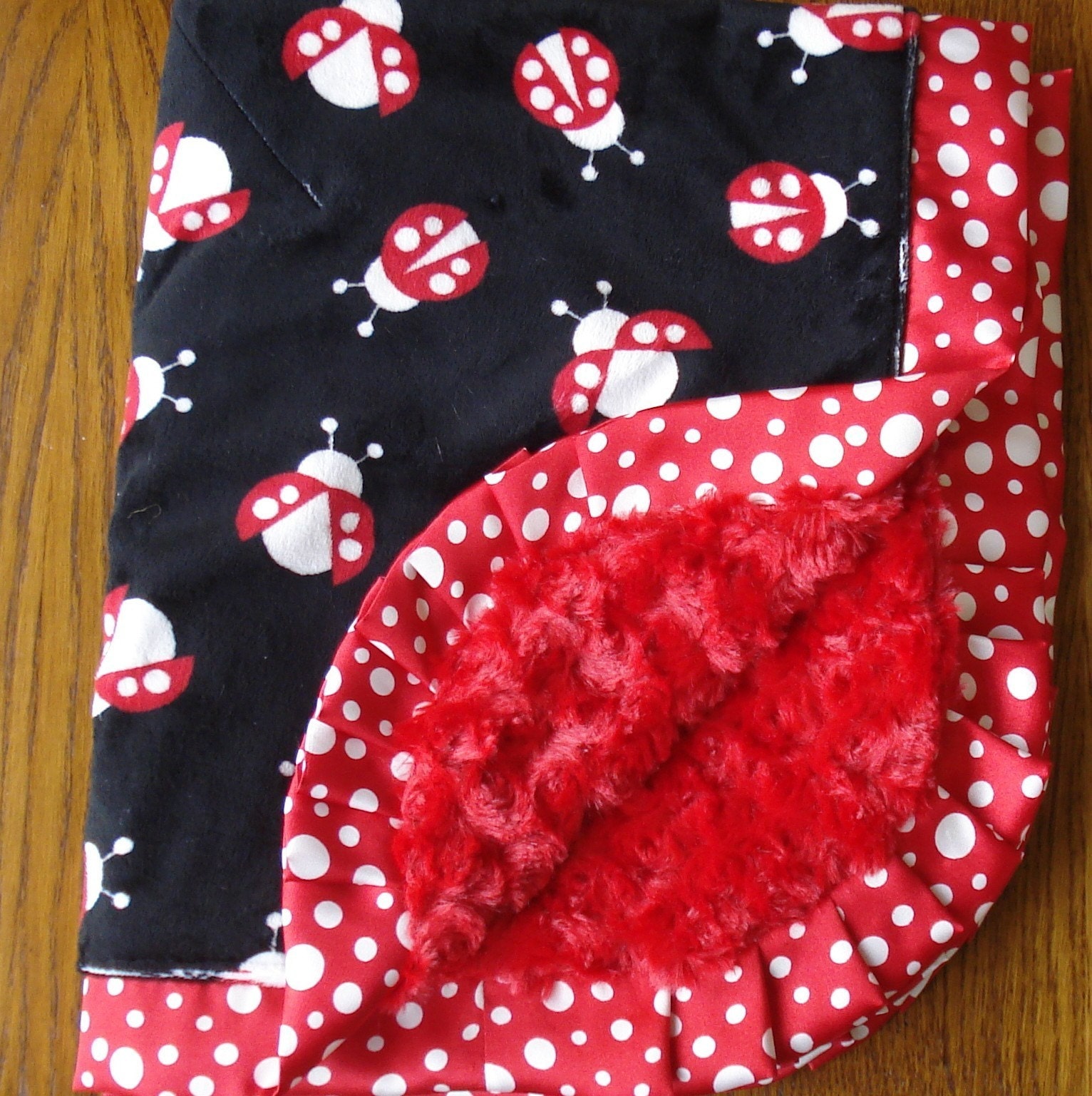 Black, Red, and White Minky and Satin Lady Bug Blanket...PERSONALIZATION AVAILABLE
