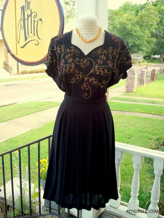 Vintage 1940s Beaded, Black Crepe Cocktail dress. 40s swing size Medium