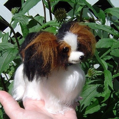 Custom Dog Sculpture Papillon needle felted fiber art