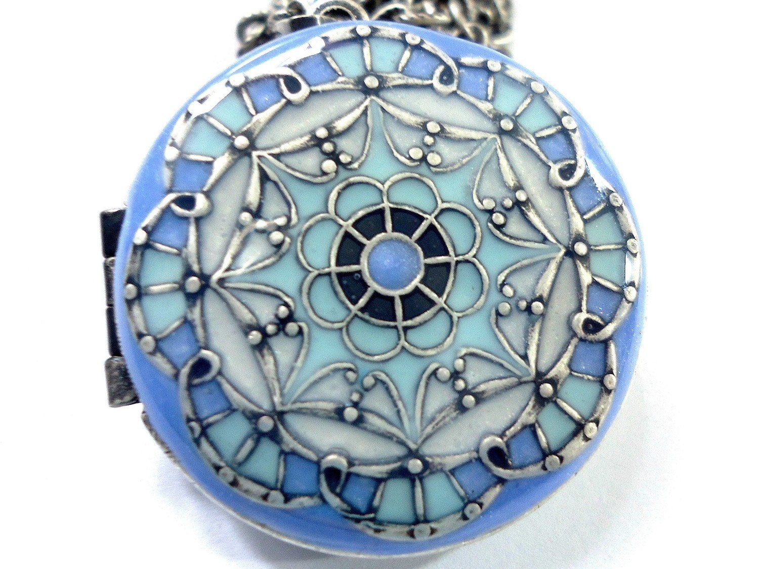 Periwinkle, Sky Blue Filigree Locket, Metal, Brass Necklace
