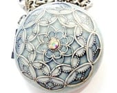 Teal Blue, Pearl White, Silver Filigree Locket, Metal, Vintage