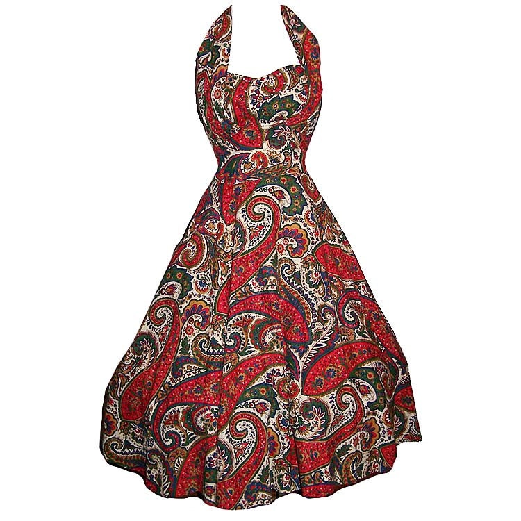 Vintage 50s paisley print full skirt halter shelf bust sun dress L XL
