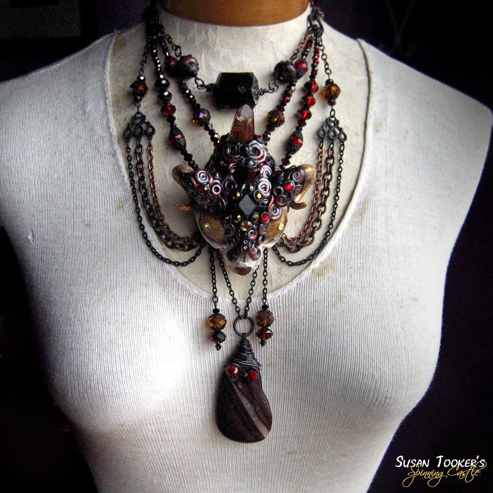 SOLD Cat Skull Necklace Tribal Amulet Red Tigers Eye Black Tourmaline Pagan Talisman Wiccan Costume  FIREHORN DRAGO by Spinning Castle