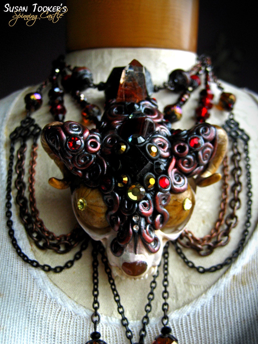 SOLD Cat Skull Necklace Tribal Amulet Red Tigers Eye Black Tourmaline Pagan Talisman Wiccan Costume  FIREHORN DRAGO by Spinning Castle